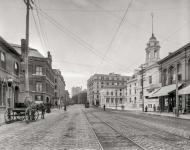 Portland Maine circa  Congress Street south from Market At right City Hall in the final stages of construction